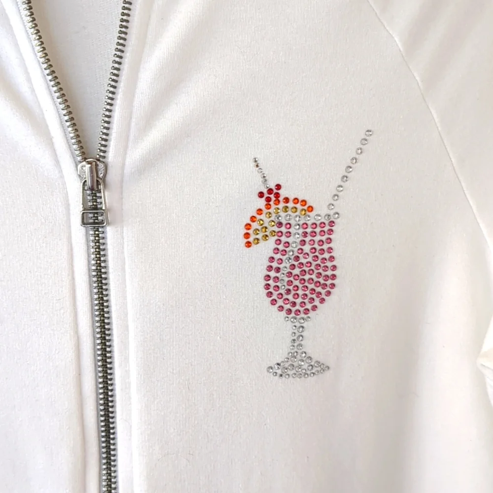 Tape Measure Y2K Short Sleeve White Hoodie Zip Up SM, Rhinestone Cocktail Accent - Picture 4 of 7